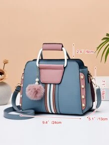 Small Square Bag Pearl & Pom Pom Decor Striped Detail Colorblock, Mother Day Gifts, Mom Gifts, Mommy's Essentials, Mommy Bag For Going Out