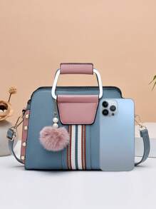 Small Square Bag Pearl & Pom Pom Decor Striped Detail Colorblock, Mother Day Gifts, Mom Gifts, Mommy's Essentials, Mommy Bag For Going Out