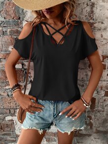 SHEIN LUNE Áo thun nữ Hội Chữ thập Cắt ra màu trơn Giải trí - màu đen - Xem 5