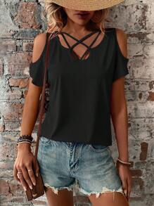 SHEIN LUNE Áo thun nữ Hội Chữ thập Cắt ra màu trơn Giải trí - màu đen - Xem 6