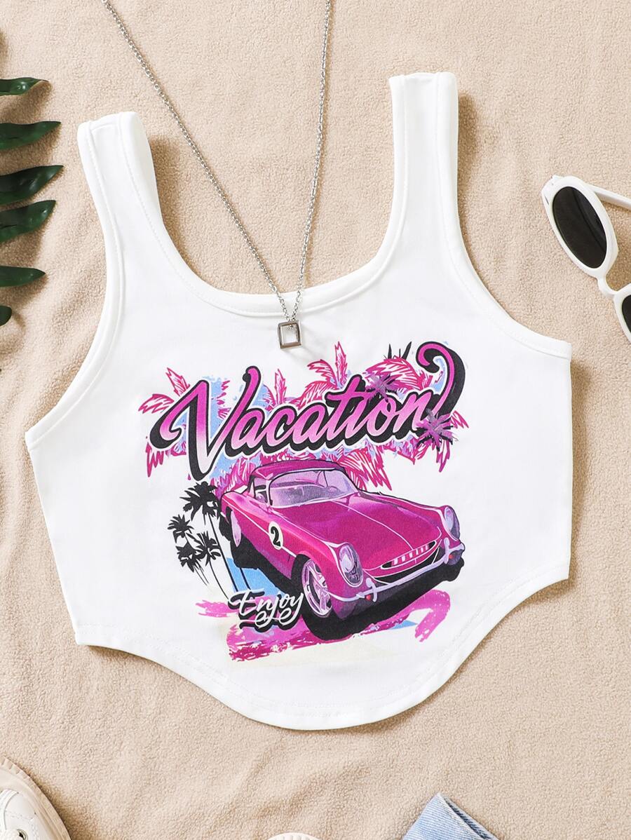 SHEIN Tank Tops & Camis Bé Gái Bất đối xứng Ô tô/xe hơi Lá thư Giải trí - trắng - Xem 1