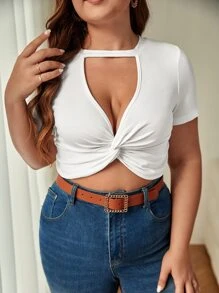 SHEIN Frenchy Plus Twist Front Cut Out Crop Tee - White - View 1
