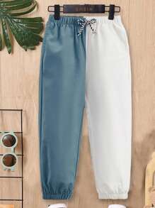SHEIN Toddler Boys Two Tone Drawstring Waist Trousers - Blue and White - View 1