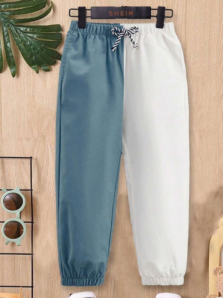 SHEIN Toddler Boys Two Tone Drawstring Waist Trousers - Blue and White - View 1