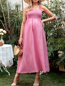 SHEIN Váy Bà bầu Hội Chữ thập viền lá sen Buộc lại màu trơn Boho - Hồng - Xem 2
