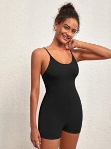 SHEIN BASICS Solid Cami Unitard Romper - Black - View 3