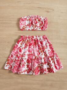 SHEIN Young Girl Floral Print Tube Top & Ruffle Hem Skirt