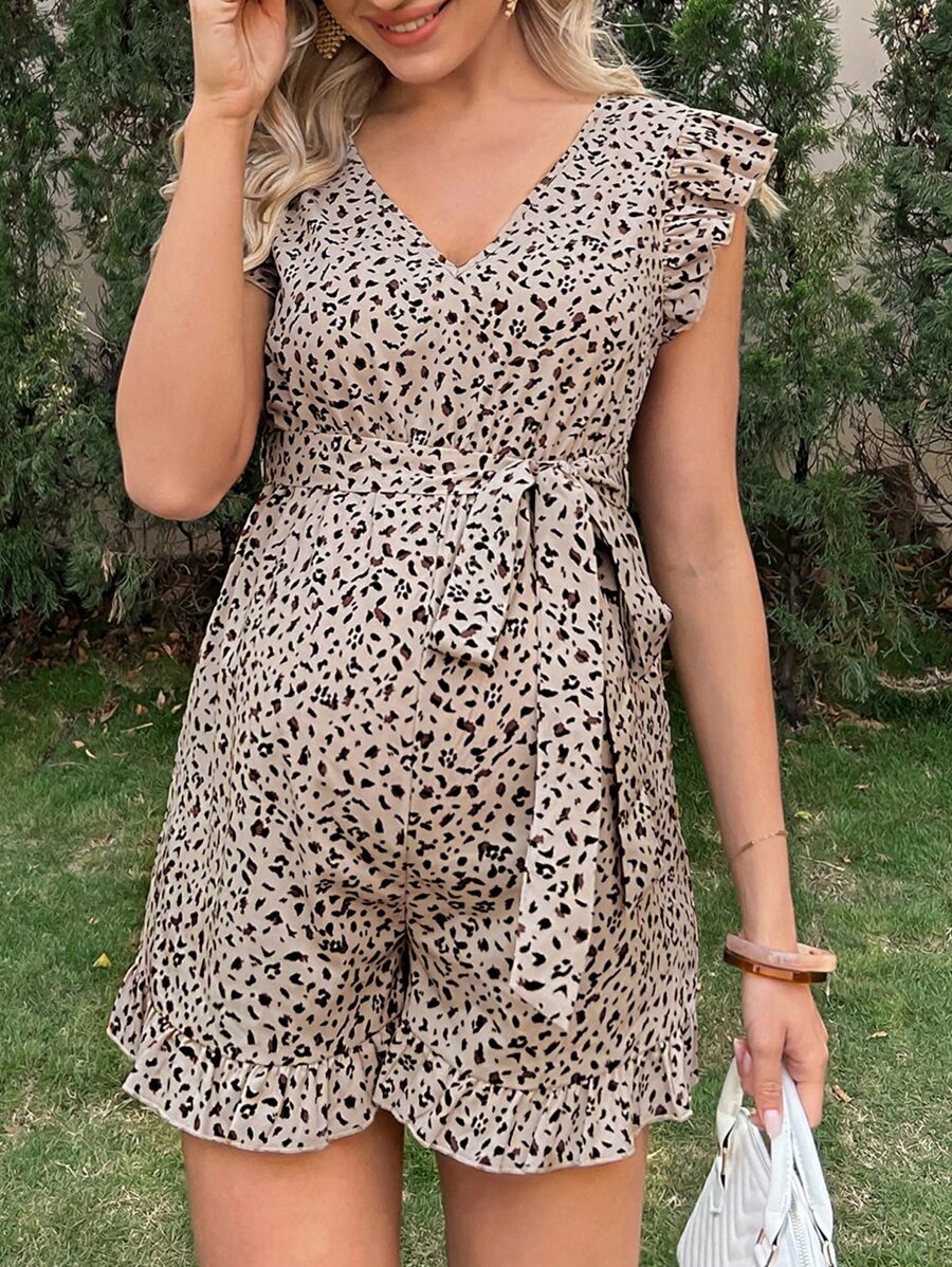 SHEIN Maternity Allover Print Ruffle Trim Belted Romper - Multicolor - View 1