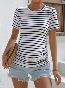 SHEIN 孕婦條紋圖案側抽繩T恤 - 白色 - 查看 4