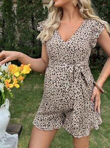 SHEIN Maternity Allover Print Ruffle Trim Belted Romper - Multicolor - View 4