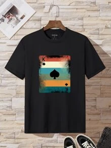 Manfinity Dauomo Men Playing Card Print Tee, Round Neck Short Sleeve Graphic T-Shirt - Black - View 1