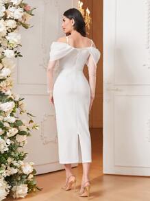 Modelyn Đầm bodycon hở vai lưới xẻ lưng tương phản không thắt lưng Đầm dạ hội dài - trắng - Xem 2