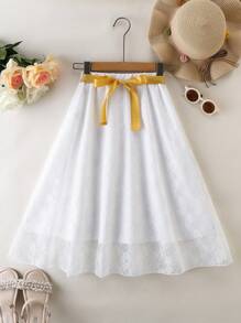 女孩蕾絲拼接腰帶半身裙