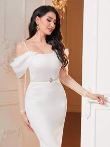 Modelyn Đầm bodycon hở vai lưới xẻ lưng tương phản không thắt lưng Đầm dạ hội dài - trắng - Xem 6