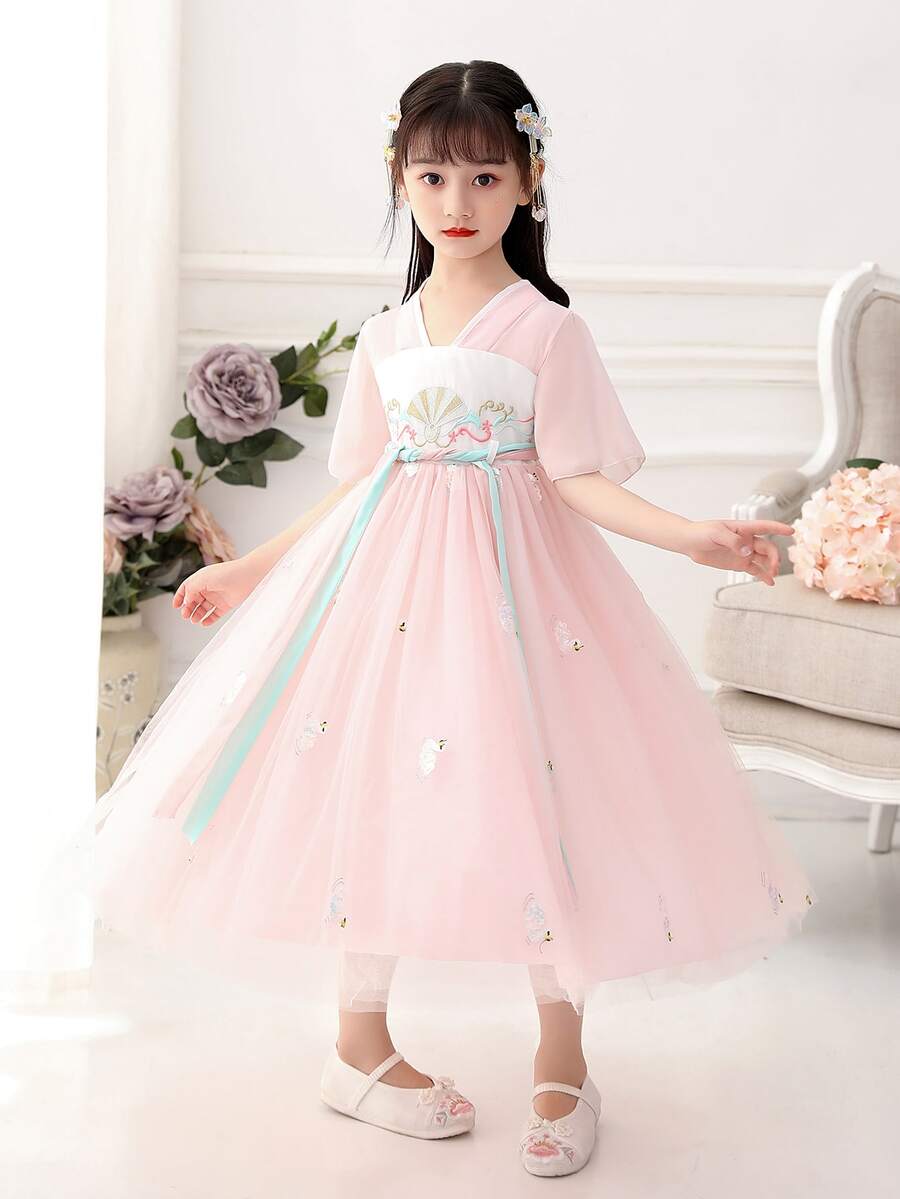 Girls Floral Embroidery Mesh Overlay Chinese Hanfu Dress - Pink - View 1