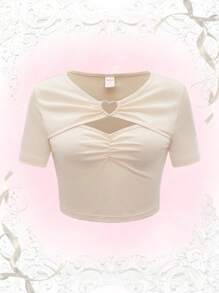 ROMWE Kawaii Heart Linked Cut Out Ruched Tee - Apricot - View 1