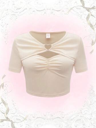 Kawaii تي شيرت متصل بقلب قص مجوف ثنية