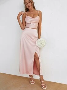 SHEIN X Jessie SHEIN Frenchy 素色吊帶上衣和圍裹高衩半身裙 - 淺粉色 - 查看 3