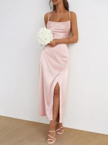 SHEIN X Jessie SHEIN Frenchy 素色吊帶上衣和圍裹高衩半身裙 - 淺粉色 - 查看 4