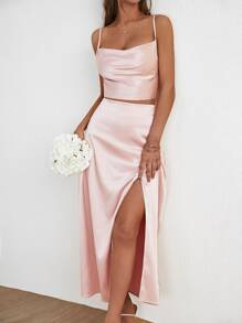SHEIN X Jessie SHEIN Frenchy 素色吊帶上衣和圍裹高衩半身裙 - 淺粉色 - 查看 5