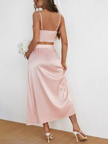 SHEIN X Jessie SHEIN Frenchy 素色吊帶上衣和圍裹高衩半身裙 - 淺粉色 - 查看 6