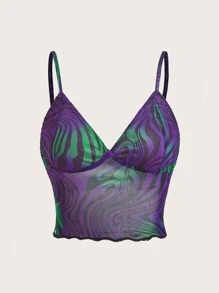 SHEIN ICON Rave Marble Print Lettuce Trim Mesh Cami Top - Multicolor - View 1