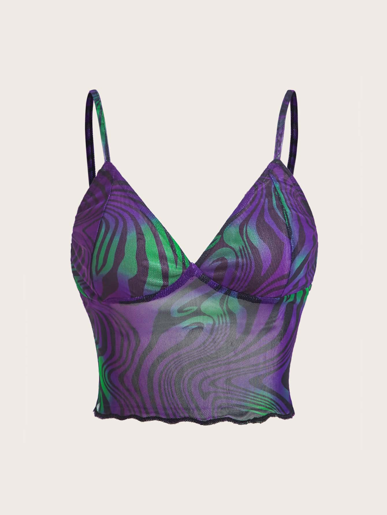 SHEIN ICON Rave Marble Print Lettuce Trim Mesh Cami Top - Multicolor - View 1