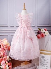 Chicas Falda con top ribete con fruncido de malla con bordado - Rosa Pálido - Ver 1