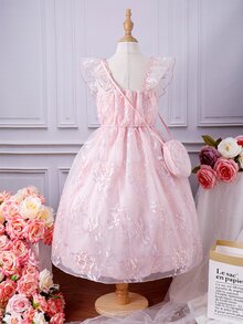 Chicas Falda con top ribete con fruncido de malla con bordado - Rosa Pálido - Ver 2