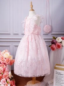 Chicas Falda con top ribete con fruncido de malla con bordado - Rosa Pálido - Ver 7