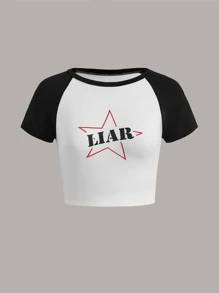 SHEIN EZwear Letter & Star Print Contrast Raglan Sleeve Crop Tee - Black and White - View 9