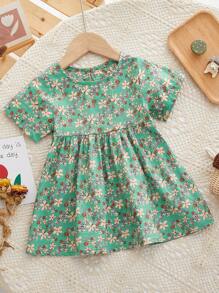 Baby Girls' Summer Floral Print Short Sleeve Dress, Country Style - Green - View 1