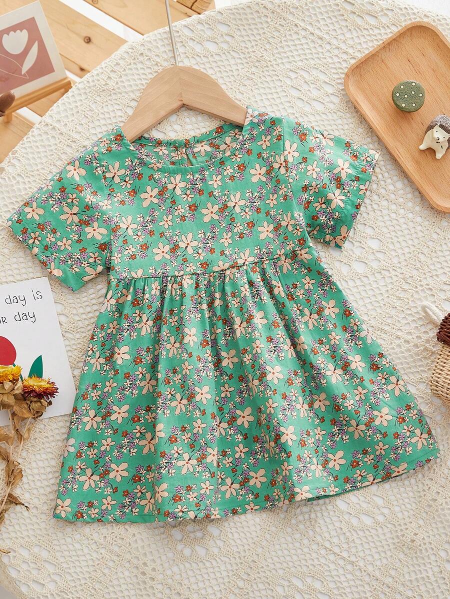 Baby Girls' Summer Floral Print Short Sleeve Dress, Country Style - Green - View 1