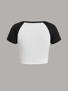 SHEIN EZwear Letter & Star Print Contrast Raglan Sleeve Crop Tee - Black and White - View 10