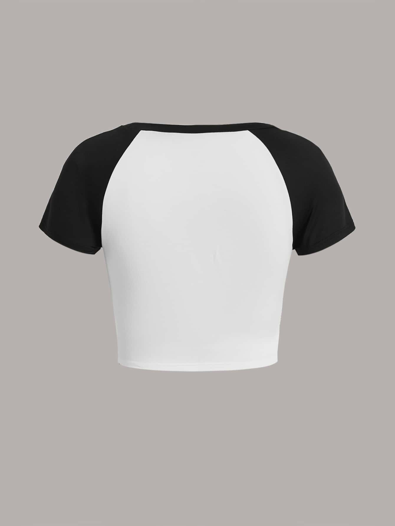 SHEIN EZwear Áo phông Crop In Chữ & Sao Tương phản Tay Raglan - Đen và trắng - Xem 10