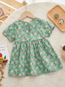 Baby Girls' Summer Floral Print Short Sleeve Dress, Country Style - Green - View 2