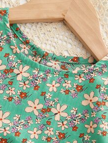 Baby Girls' Summer Floral Print Short Sleeve Dress, Country Style - Green - View 3