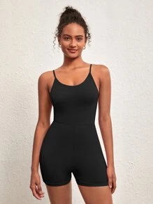 SHEIN BASICS Solid Cami Unitard Romper - Black - View 5