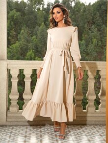 Joyfunear 抽褶袖口腰帶荷葉邊連衣裙 - 杏色 - 查看 4