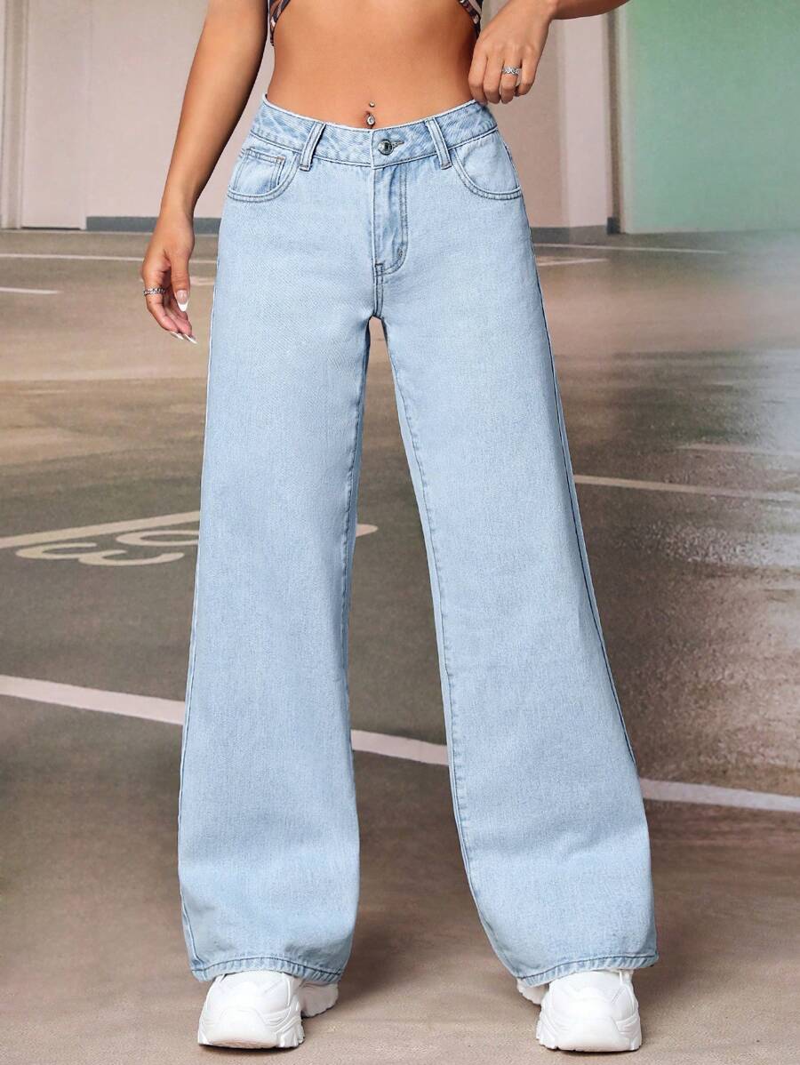 SHEIN ICON Solid Straight Leg Jeans - Light Wash - View 1