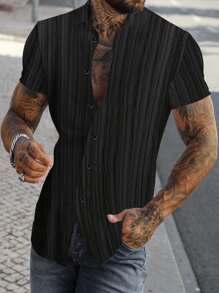 Manfinity Homme 男式寬鬆純色釦扣衫,不包含內搭t恤 - 黑色 - 查看 1