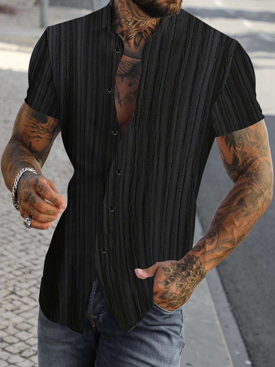 Manfinity Homme 男式寬鬆純色釦扣衫,不包含內搭t恤 - 黑色 - 查看 1