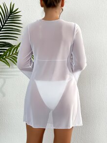 Swim Vcay Summer Beach Draped Collar Trumpet Sleeve Cover Up - White - View 2