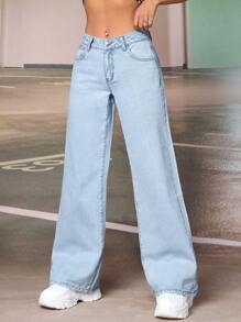 SHEIN EZwear 拉絲織物保暖素色闊腿牛仔褲 - 淺色水洗藍 - 查看 3