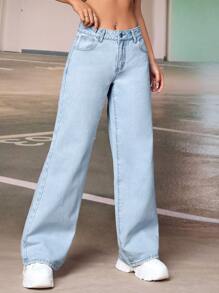 SHEIN EZwear 拉絲織物保暖素色闊腿牛仔褲 - 淺色水洗藍 - 查看 4