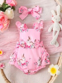 嬰兒兔子印花蝴蝶結荷葉邊連體衣 - 粉色 - 查看 1