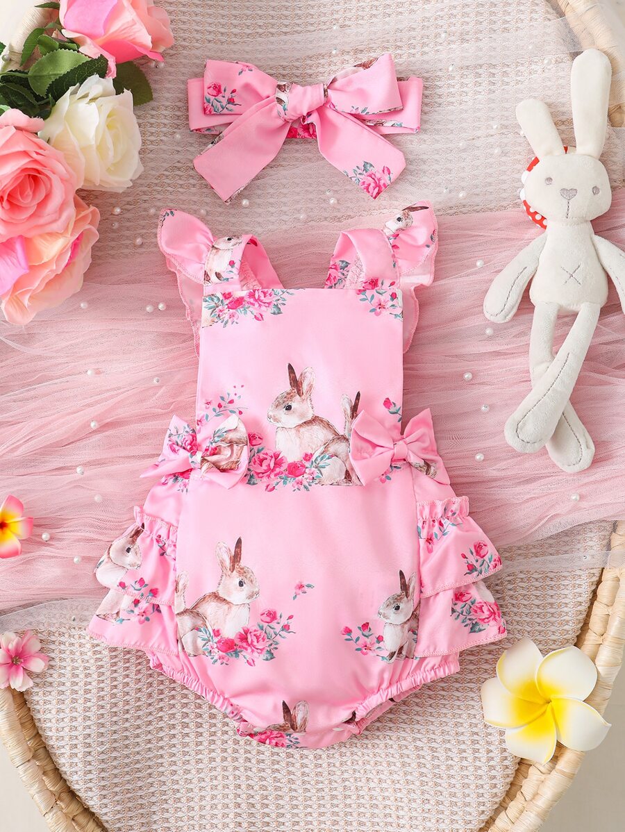 嬰兒兔子印花蝴蝶結荷葉邊連體衣 - 粉色 - 查看 1