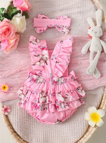 嬰兒兔子印花蝴蝶結荷葉邊連體衣 - 粉色 - 查看 2