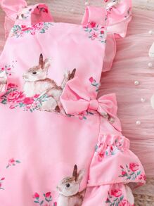 嬰兒兔子印花蝴蝶結荷葉邊連體衣 - 粉色 - 查看 3