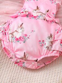 嬰兒兔子印花蝴蝶結荷葉邊連體衣 - 粉色 - 查看 4